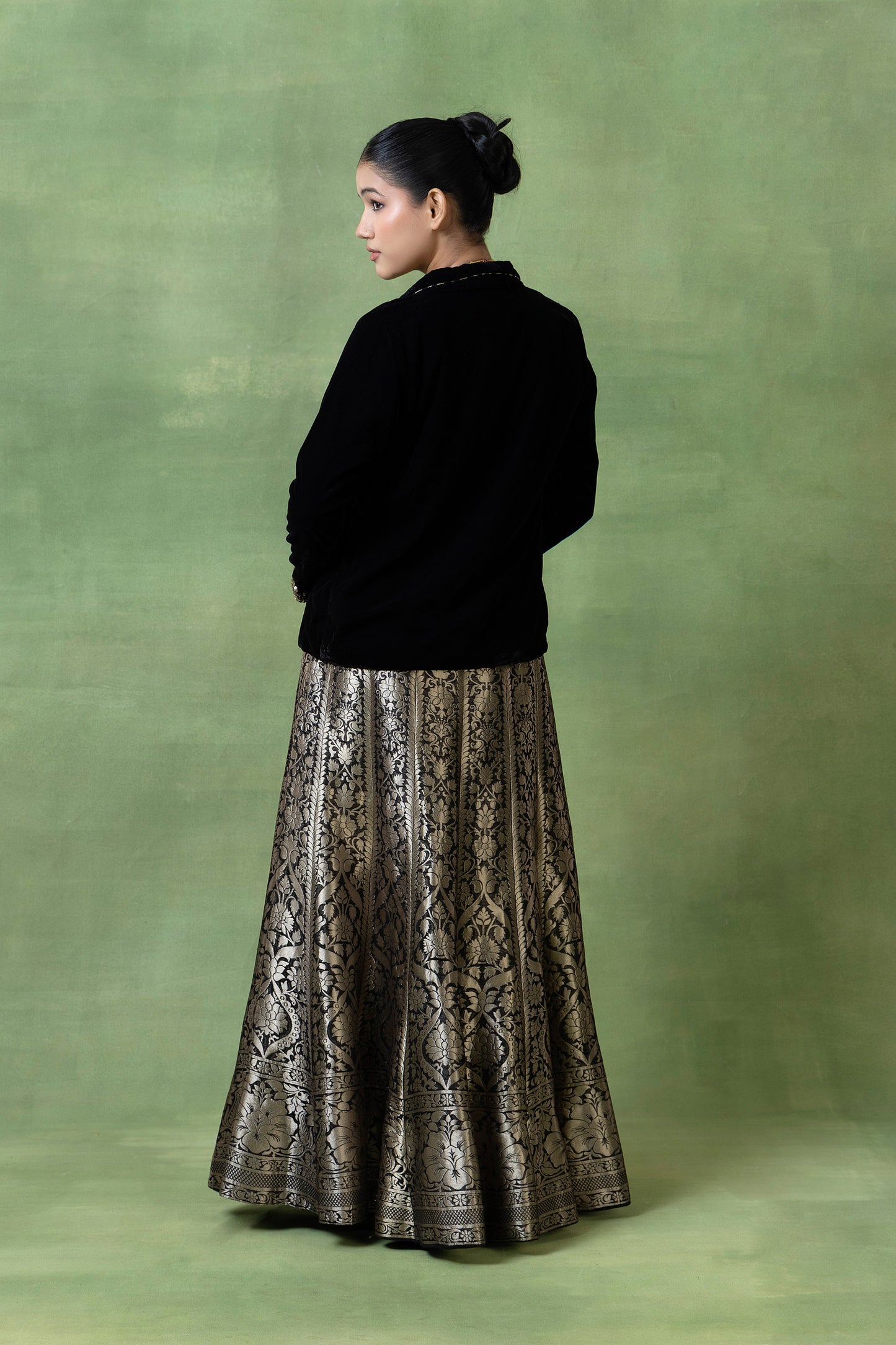 Silk Brocade Skirt with Embellished Velvet Coat & Top