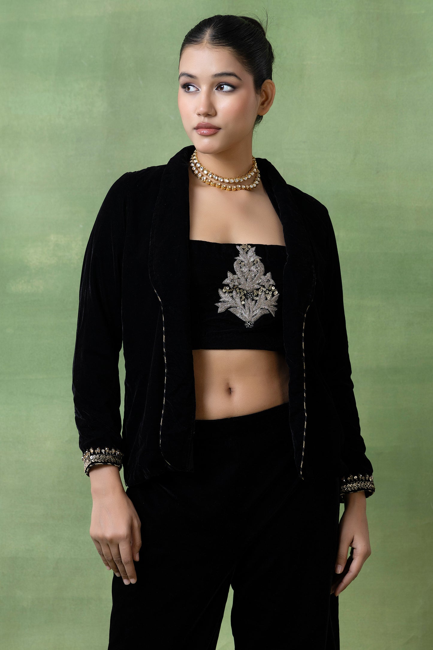 Midnight Velvet Coord Set with Embroidered Jacket