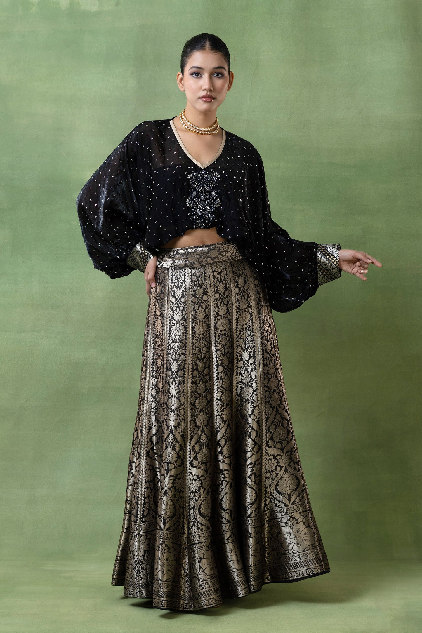 Silk Brocade Lehenga with Hand-Embellished Silk Top