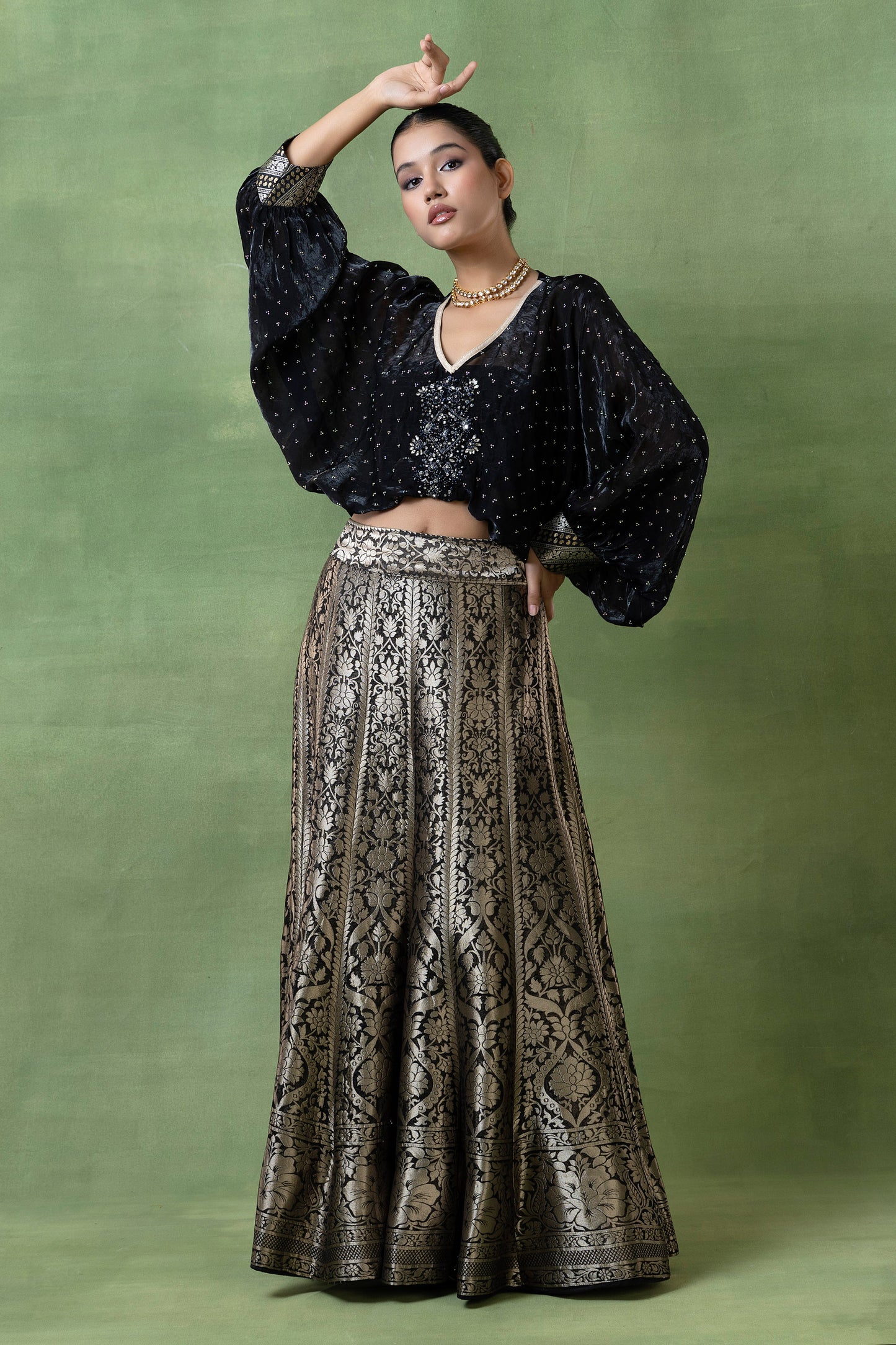 Silk Brocade Lehenga with Hand-Embellished Silk Top