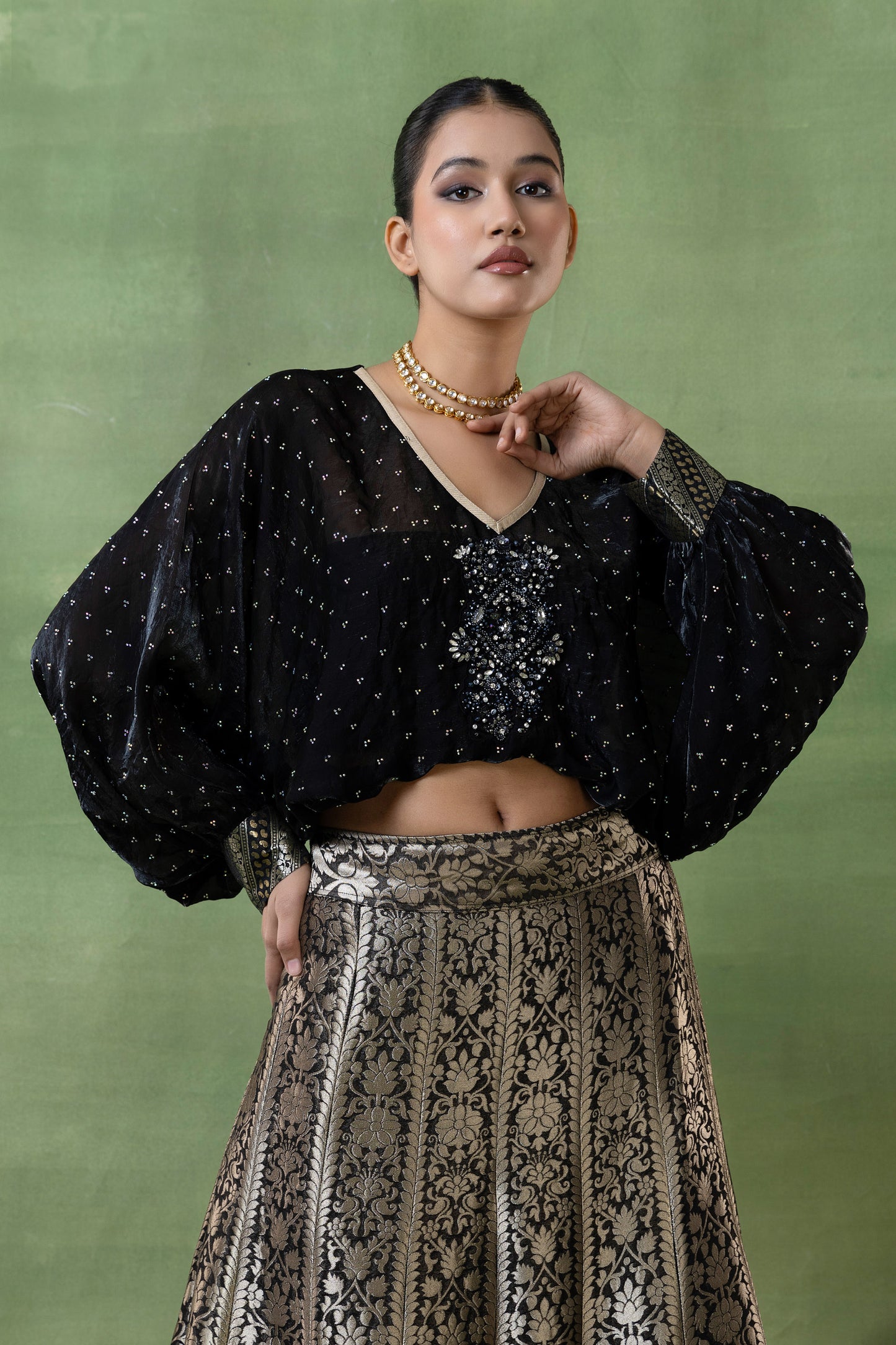 Silk Brocade Lehenga with Hand-Embellished Silk Top