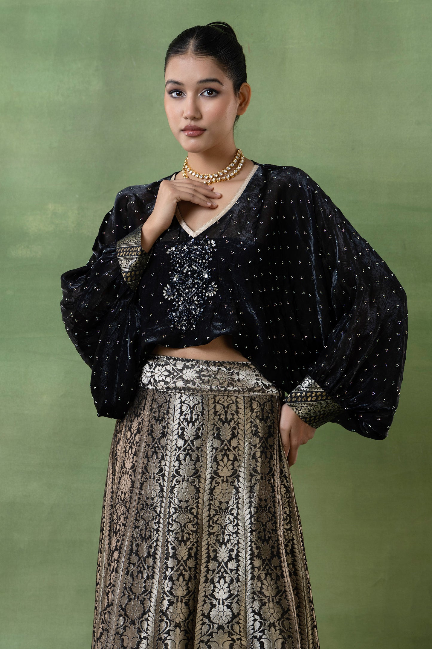Silk Brocade Lehenga with Hand-Embellished Silk Top
