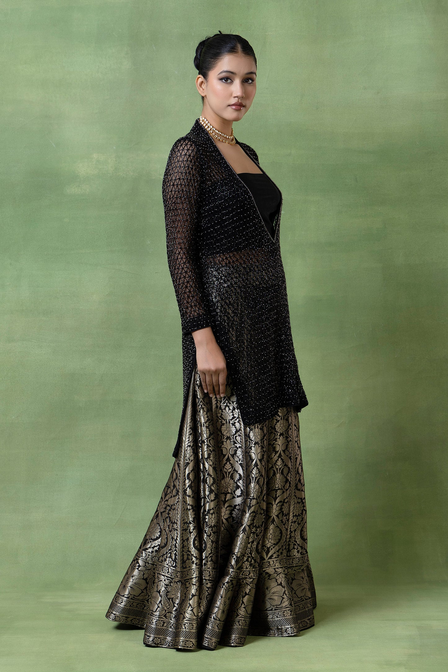 Silk Brocade Lehenga with Hand-Embellished Kurta