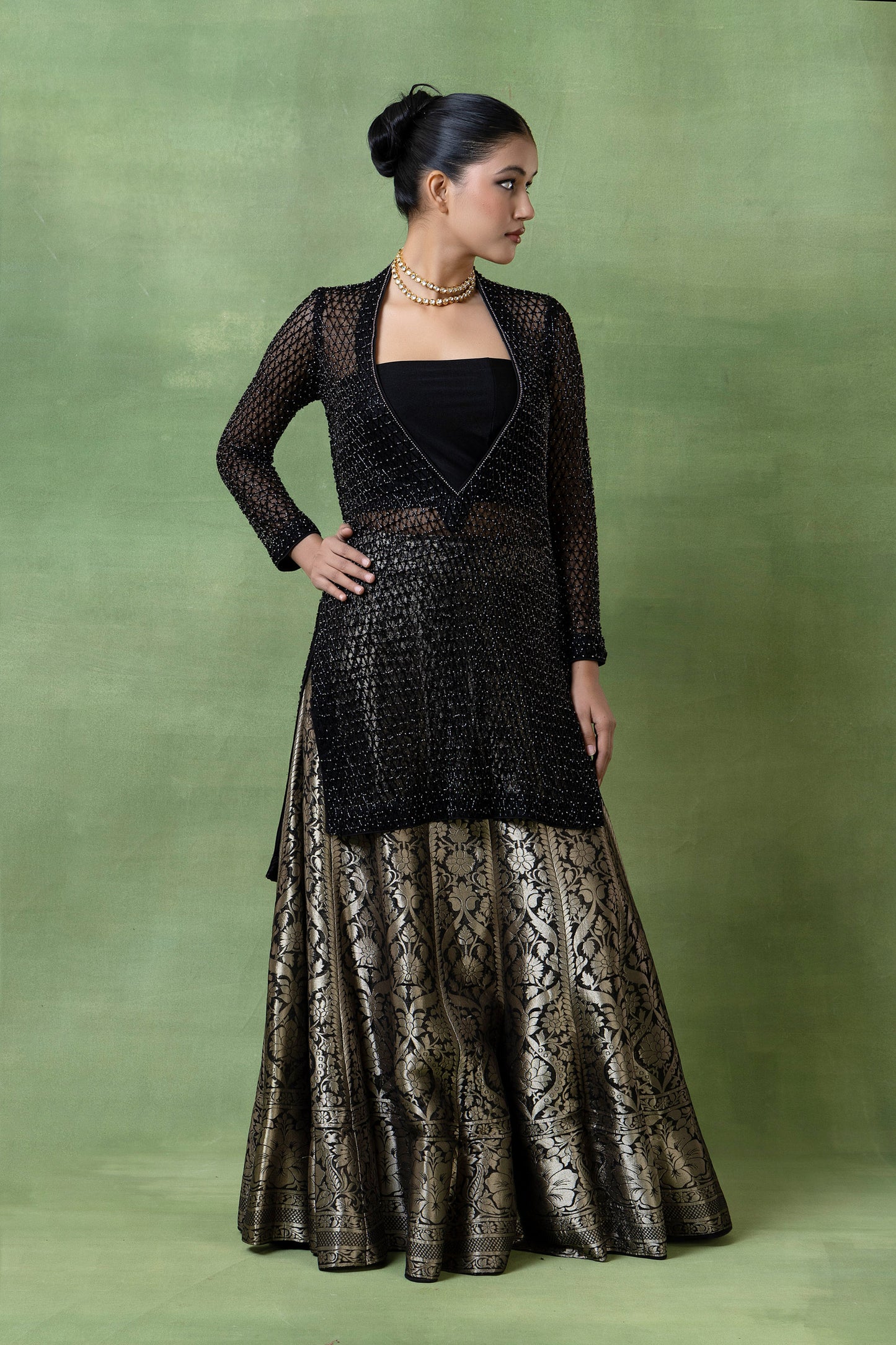 Silk Brocade Lehenga with Hand-Embellished Kurta