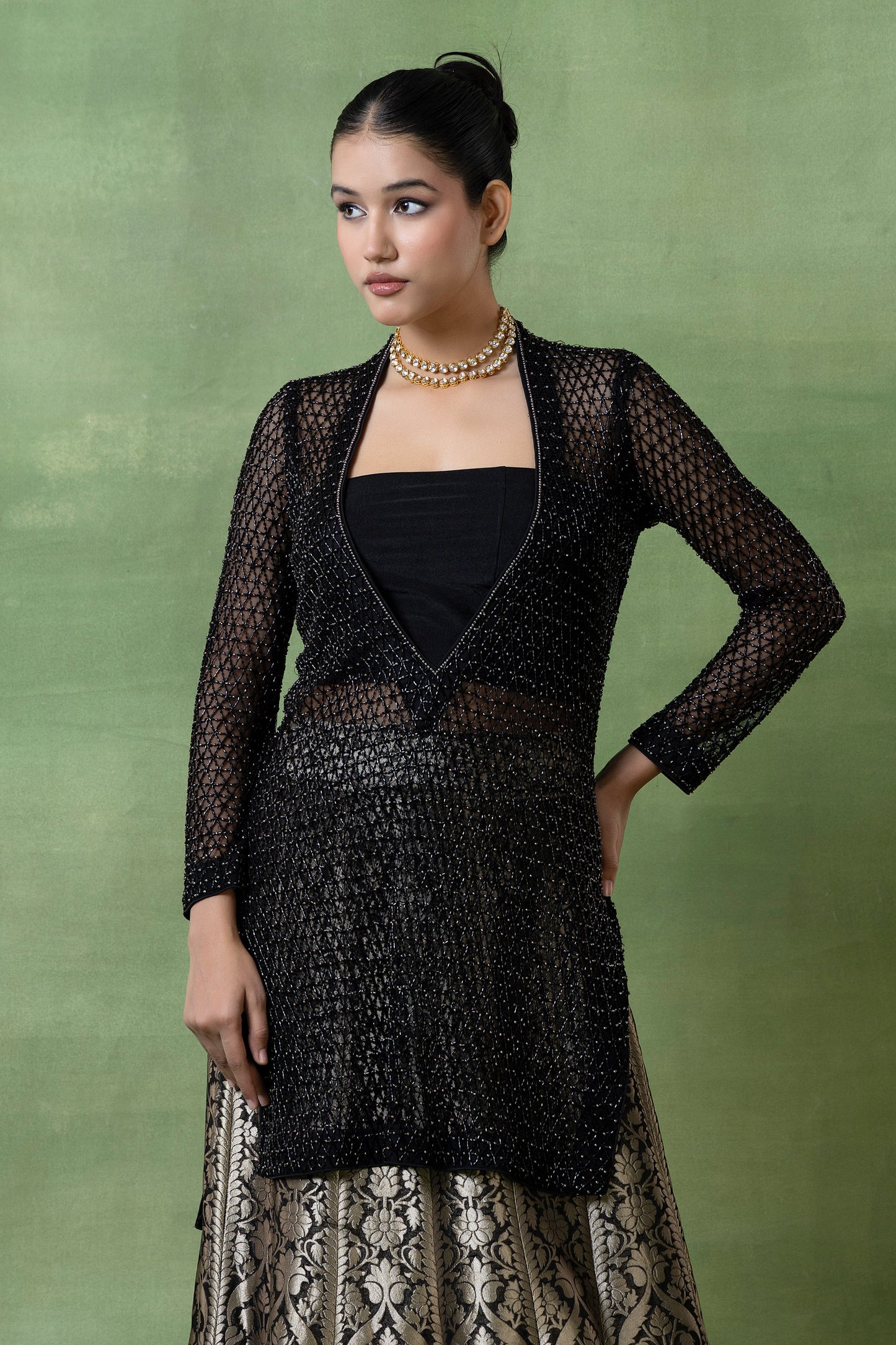 Silk Brocade Lehenga with Hand-Embellished Kurta