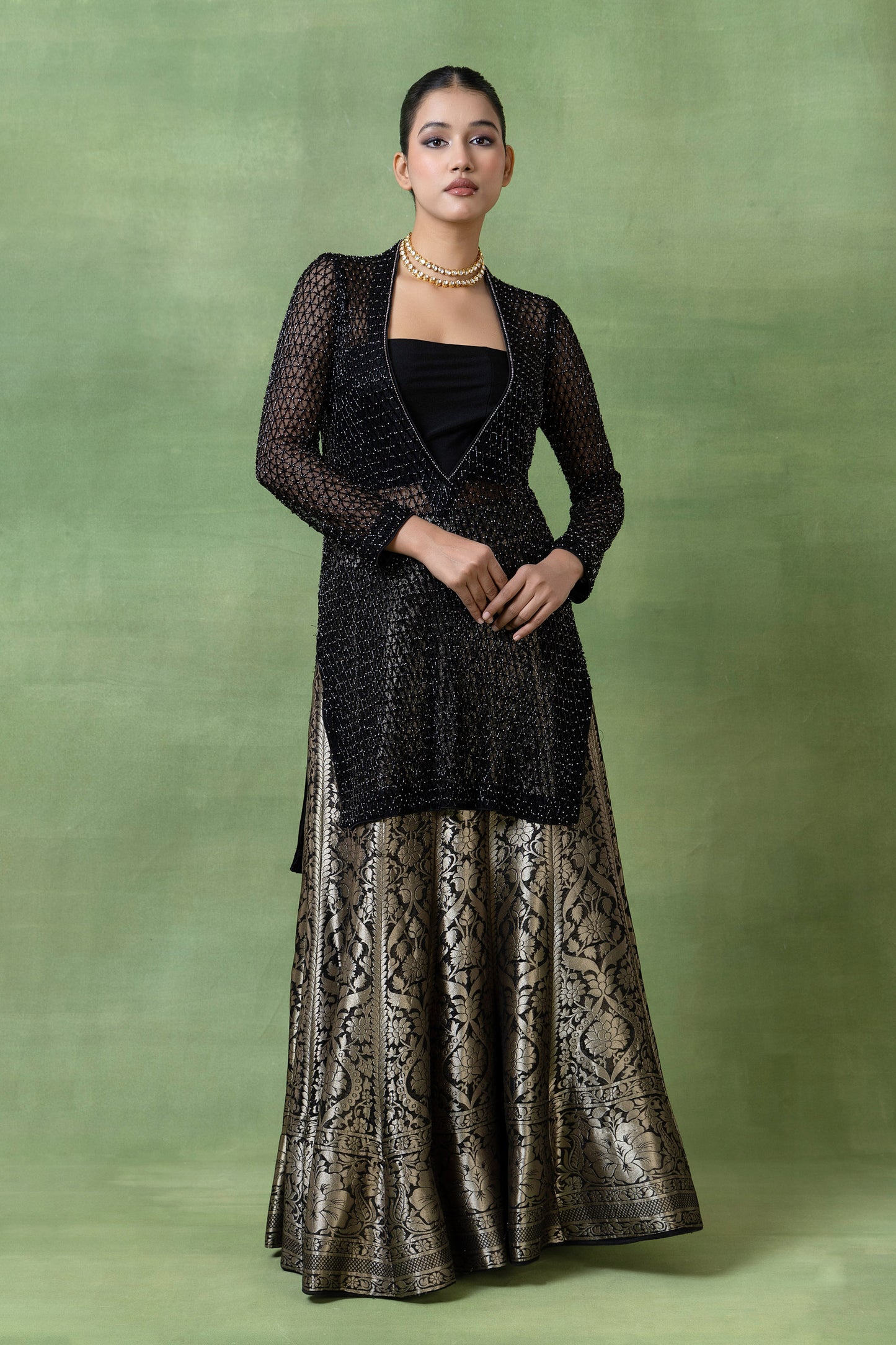 Silk Brocade Lehenga with Hand-Embellished Kurta