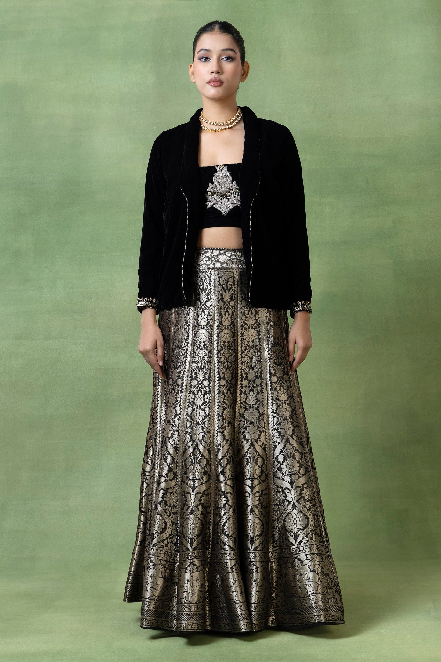 Silk Brocade Skirt with Embellished Velvet Coat & Top