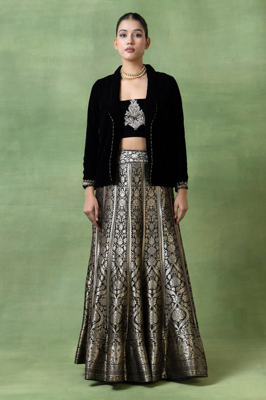 Silk Brocade Skirt with Embellished Velvet Coat & Top