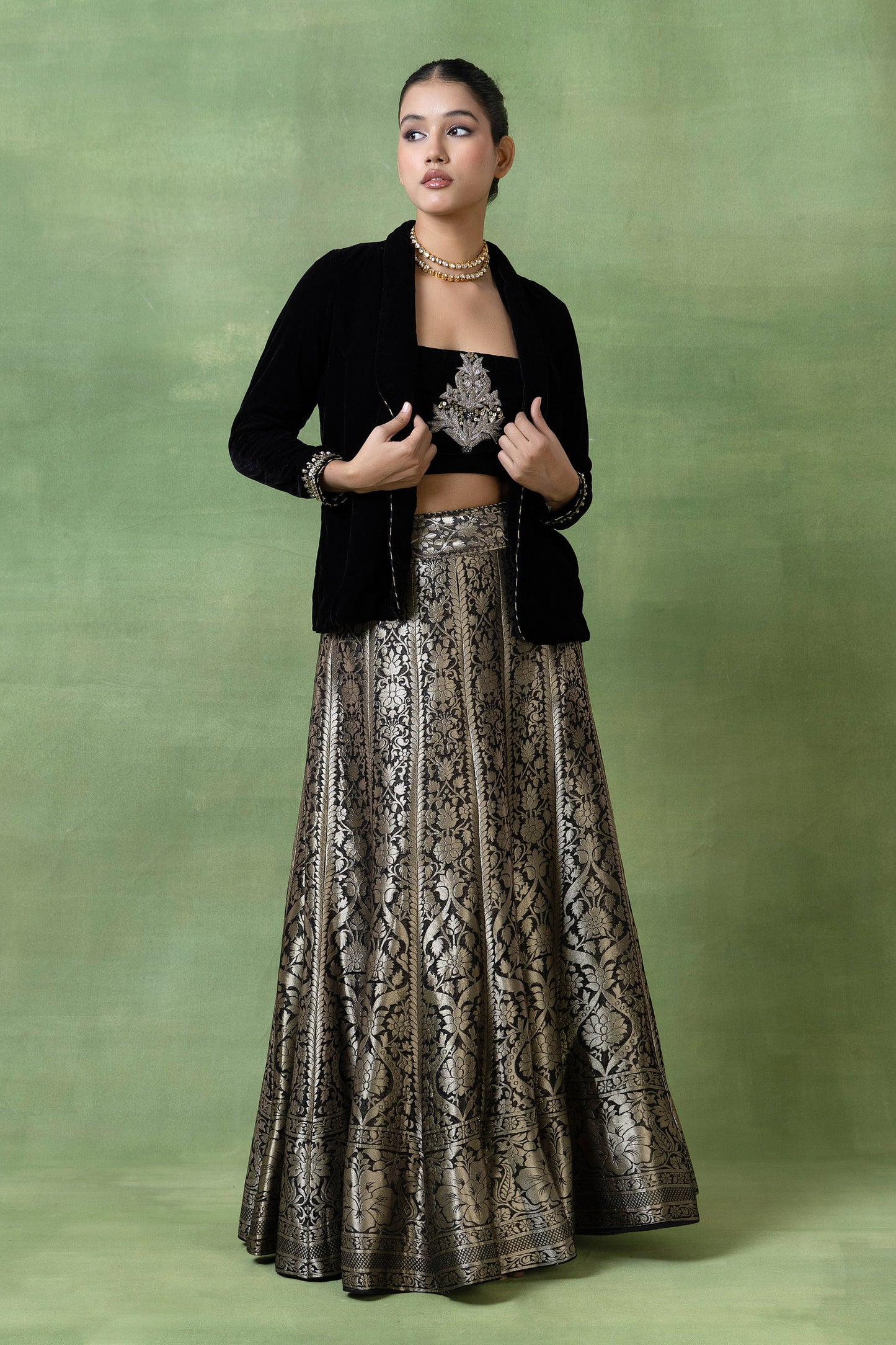 Silk Brocade Skirt with Embellished Velvet Coat & Top