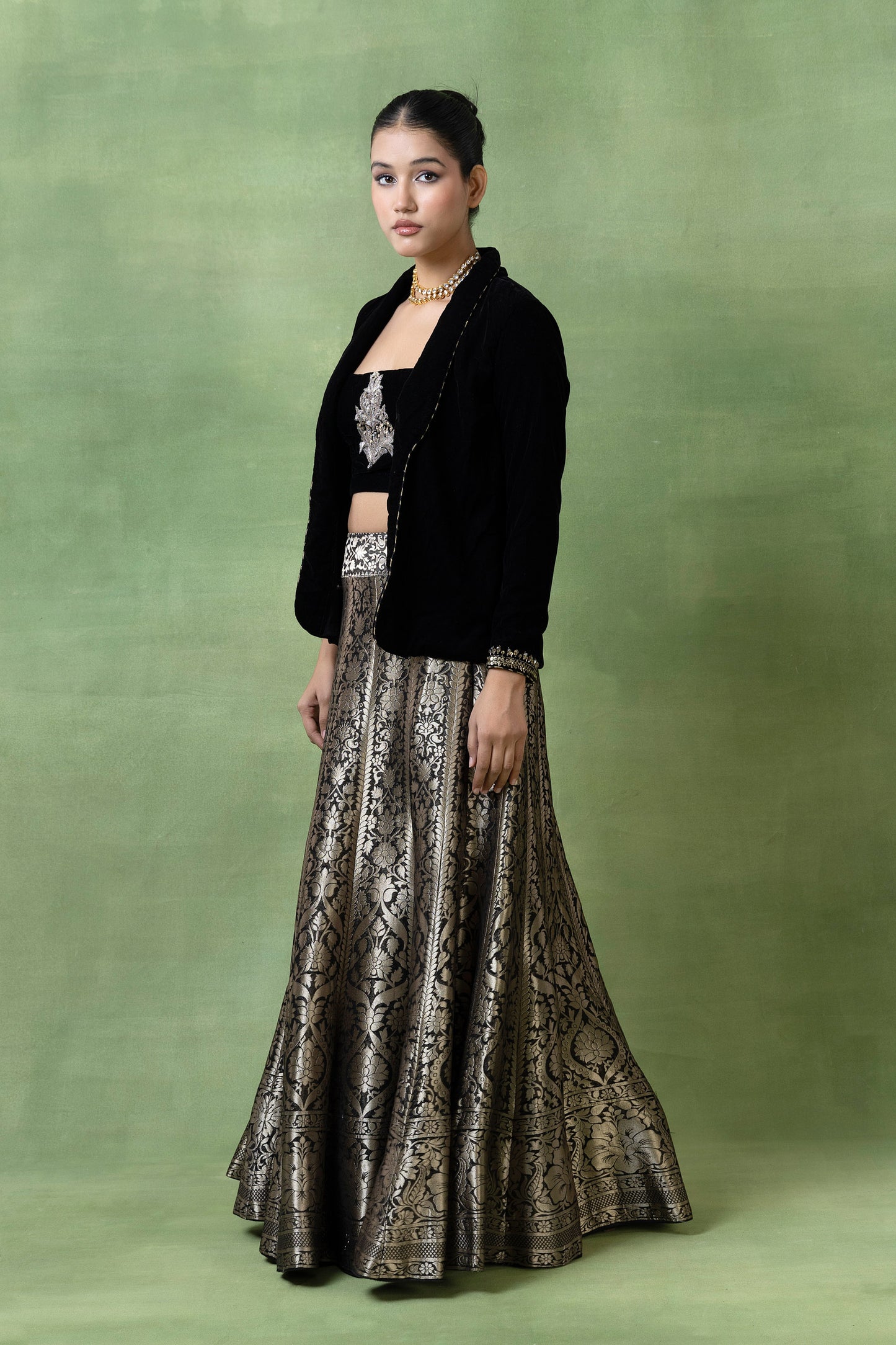 Silk Brocade Skirt with Embellished Velvet Coat & Top