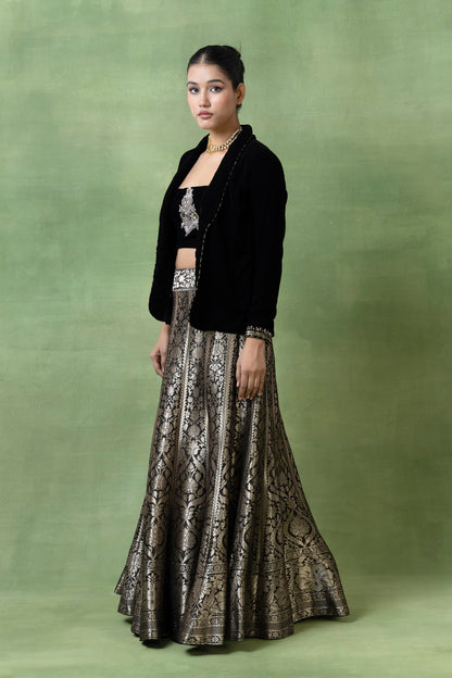 Silk Brocade Skirt with Embellished Velvet Coat & Top