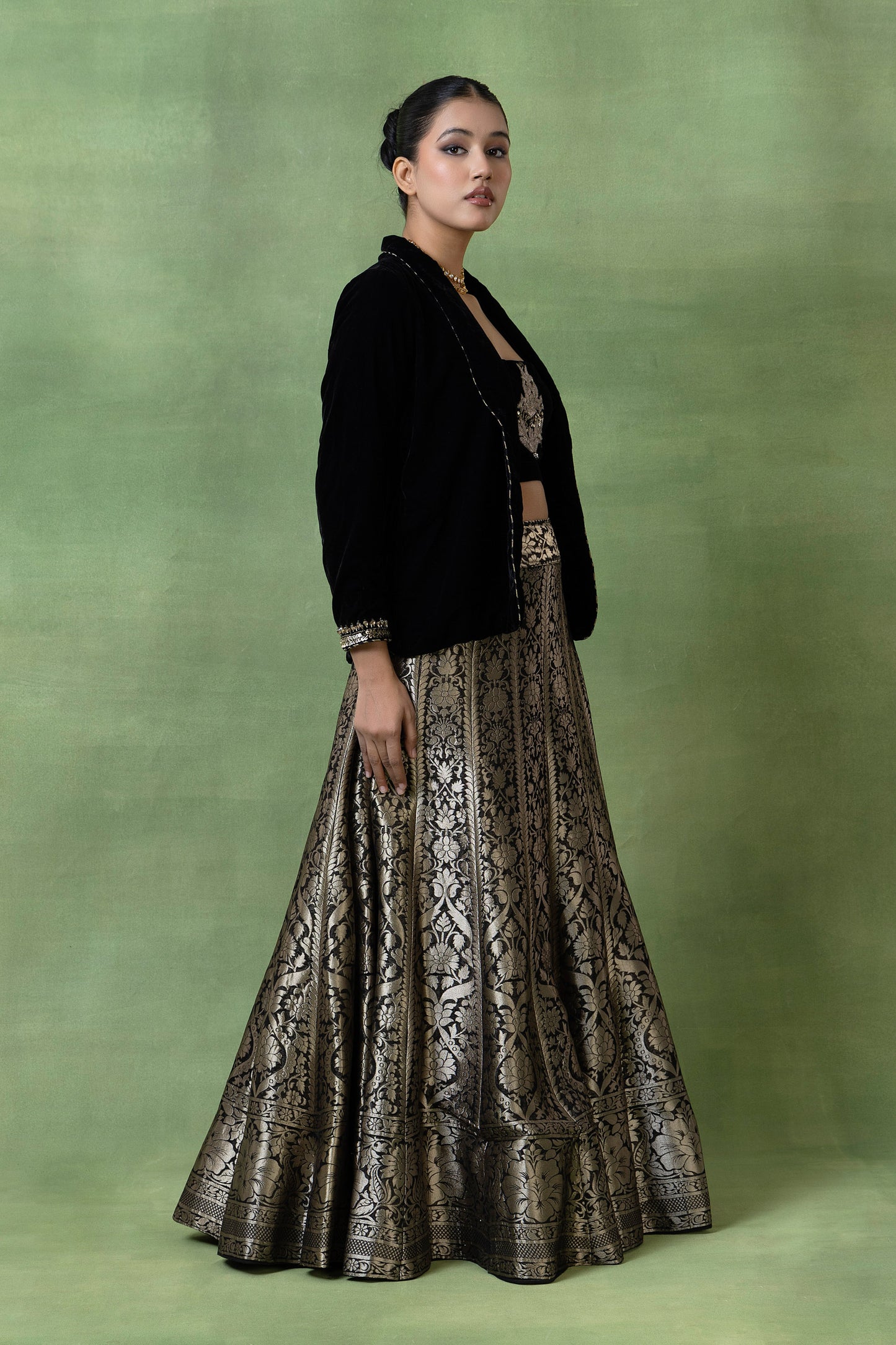 Silk Brocade Skirt with Embellished Velvet Coat & Top