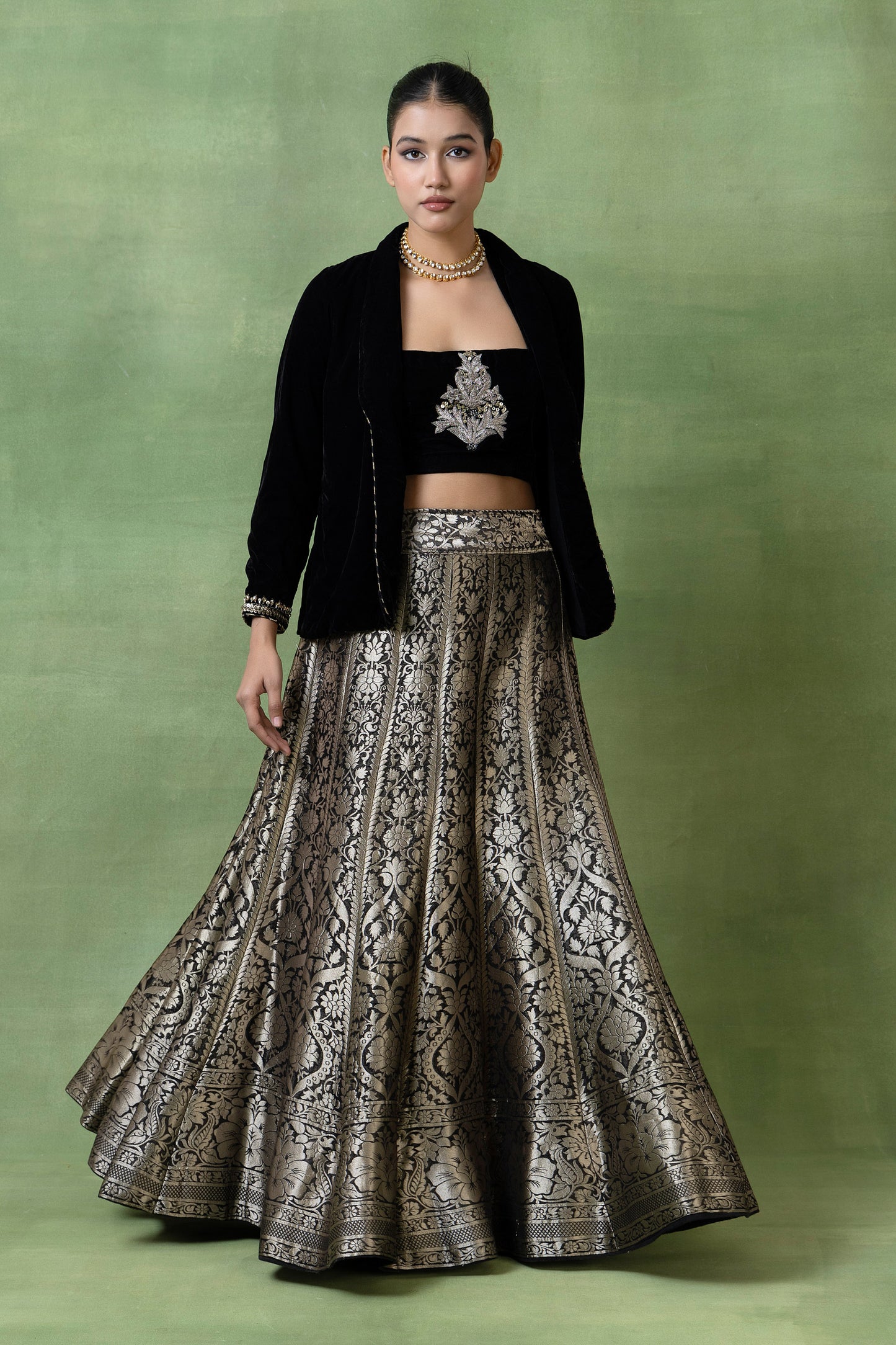 Silk Brocade Skirt with Embellished Velvet Coat & Top