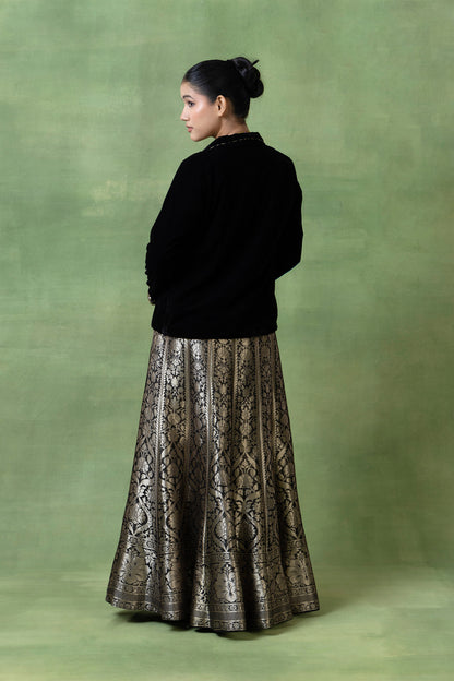 Silk Brocade Skirt with Embellished Velvet Coat & Top