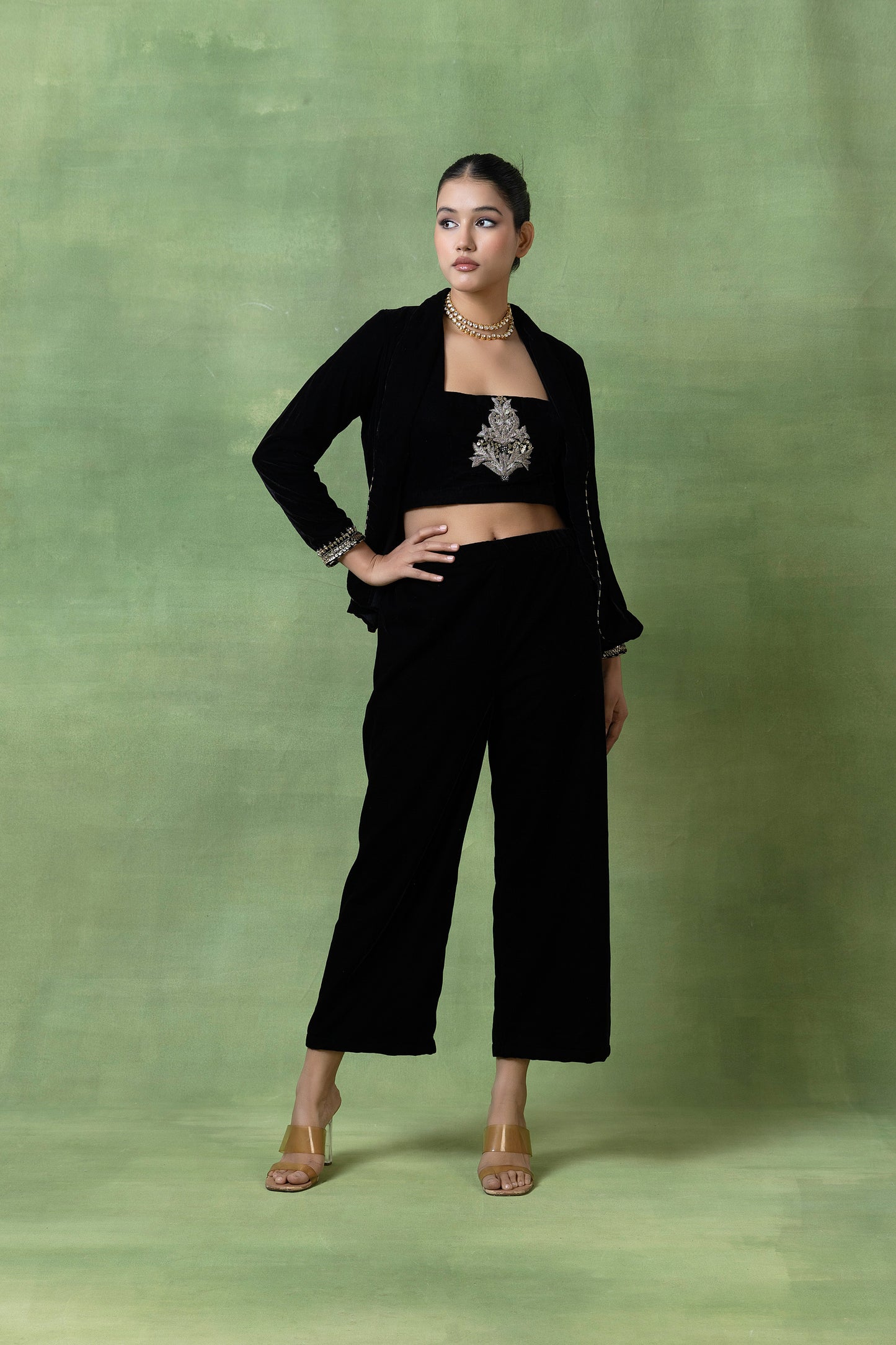 Midnight Velvet Coord Set with Embroidered Jacket
