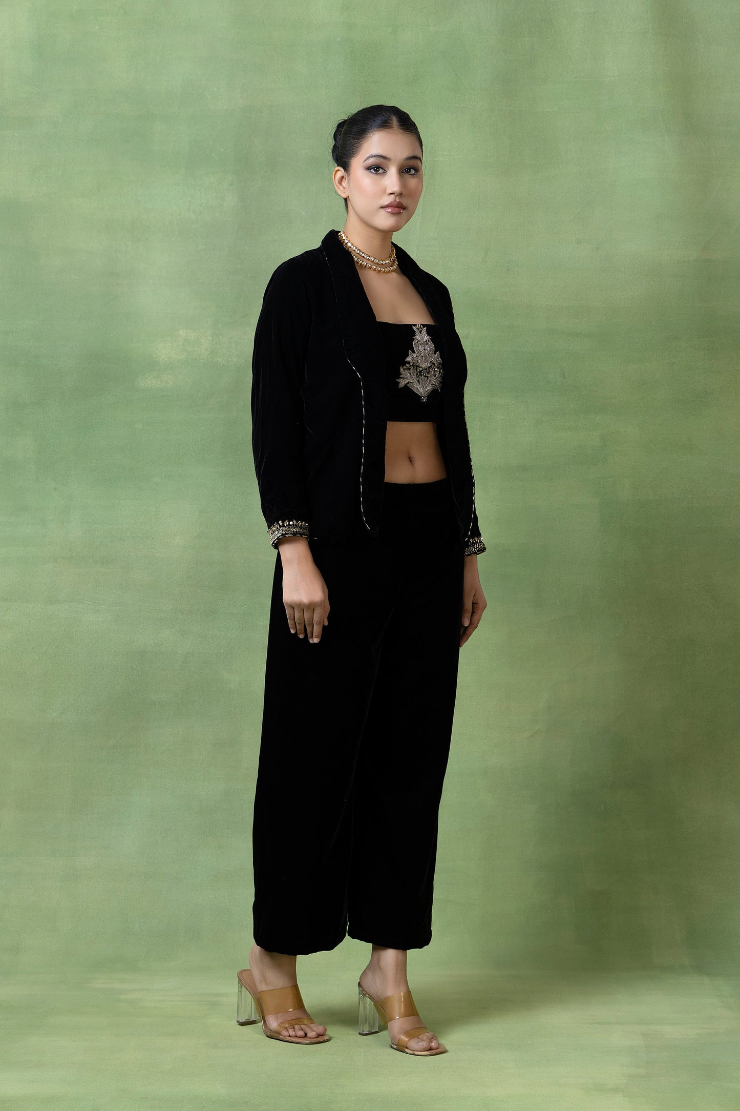 Midnight Velvet Coord Set with Embroidered Jacket