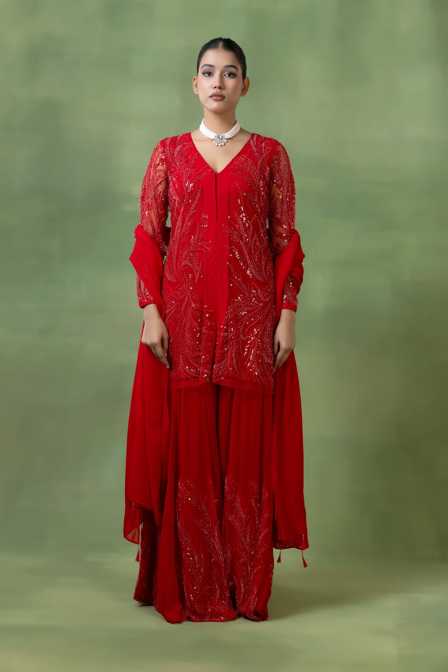 Red Georgette Hand-Embellished Sharara Set