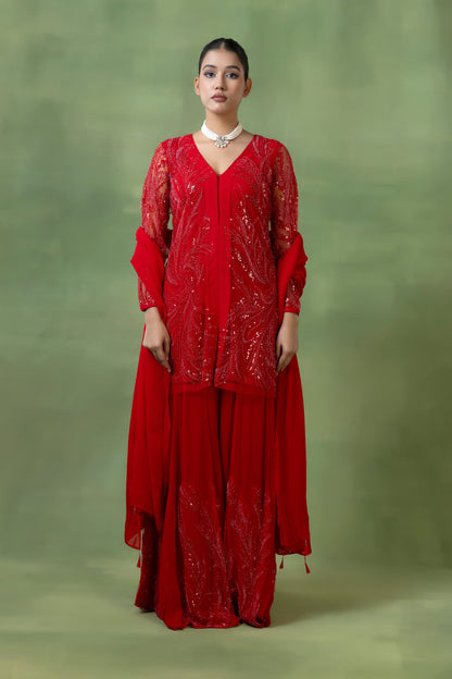 Red Georgette Hand-Embellished Sharara Set