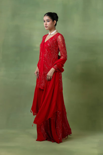 Red Georgette Hand-Embellished Sharara Set