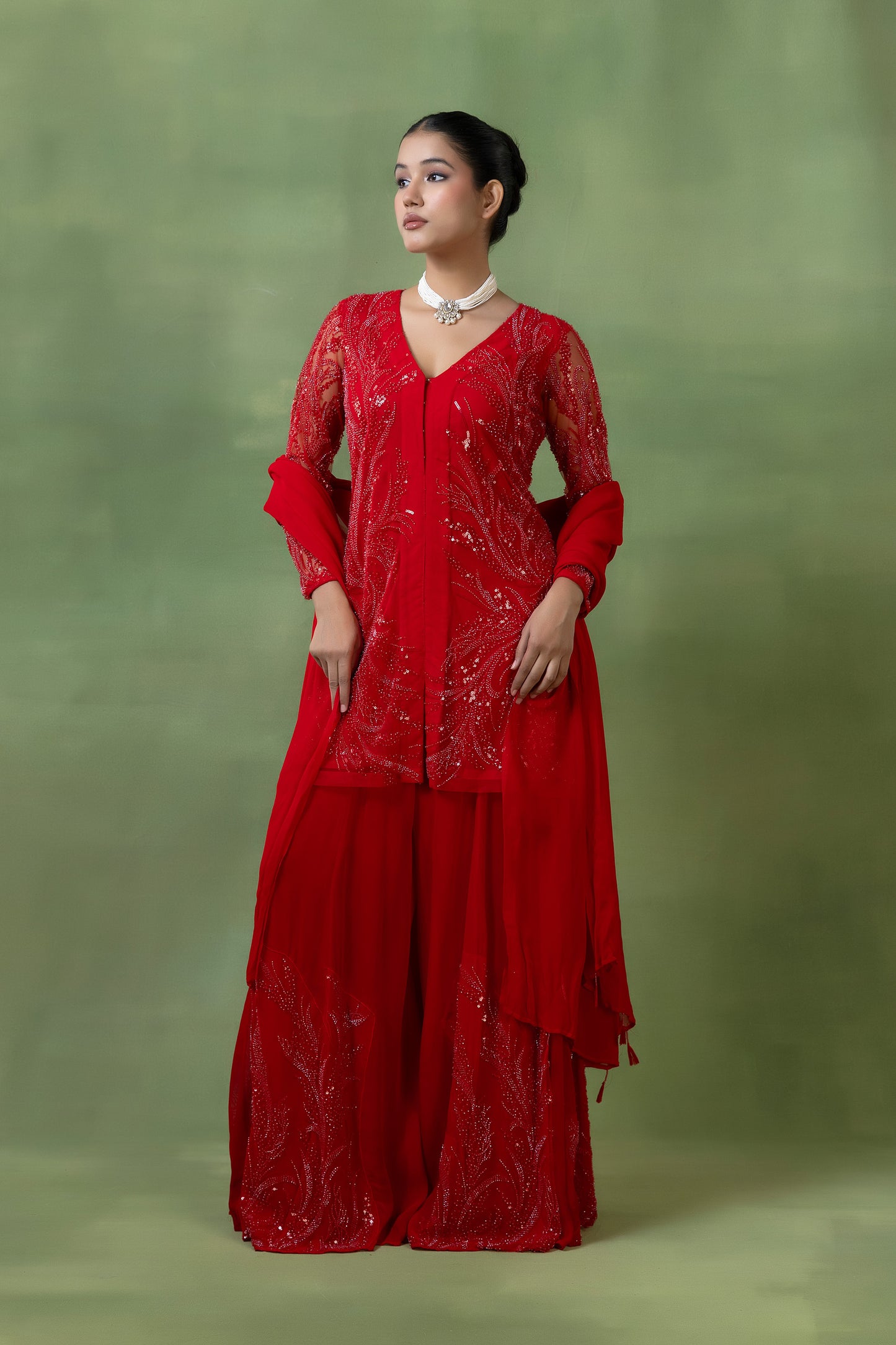 Red Georgette Hand-Embellished Sharara Set