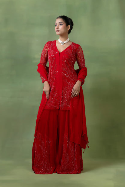Red Georgette Hand-Embellished Sharara Set