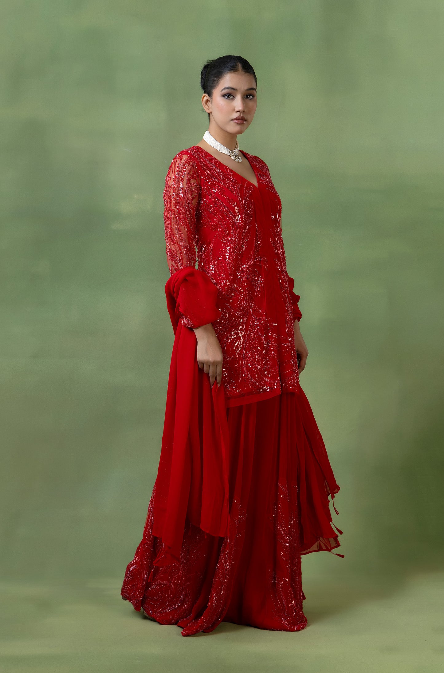 Red Georgette Hand-Embellished Sharara Set