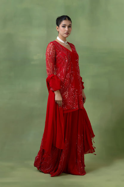 Red Georgette Hand-Embellished Sharara Set