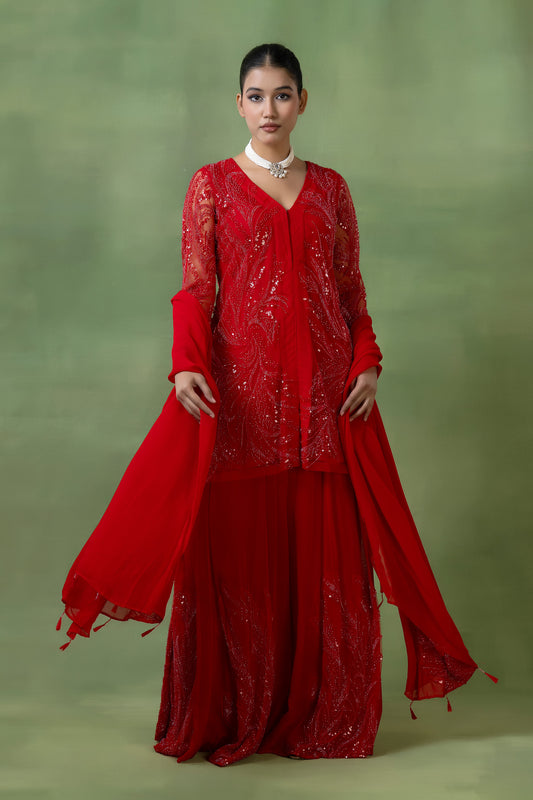 Red Georgette Hand-Embellished Sharara Set