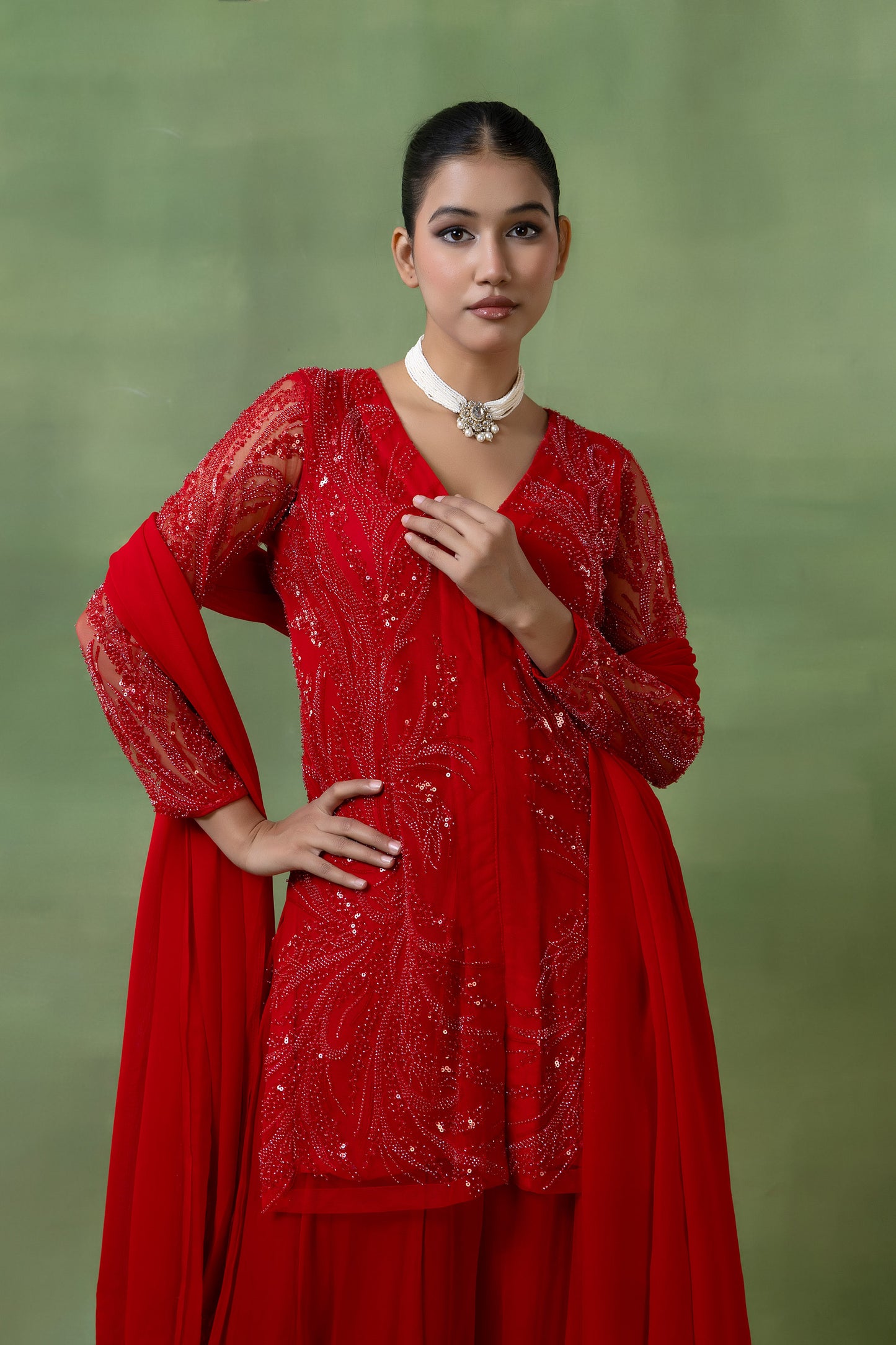 Red Georgette Hand-Embellished Sharara Set