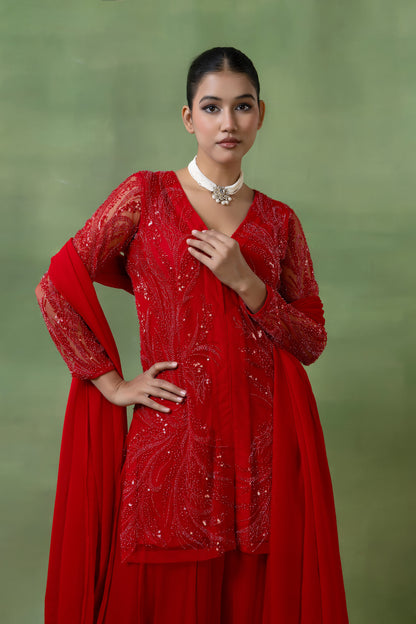 Red Georgette Hand-Embellished Sharara Set