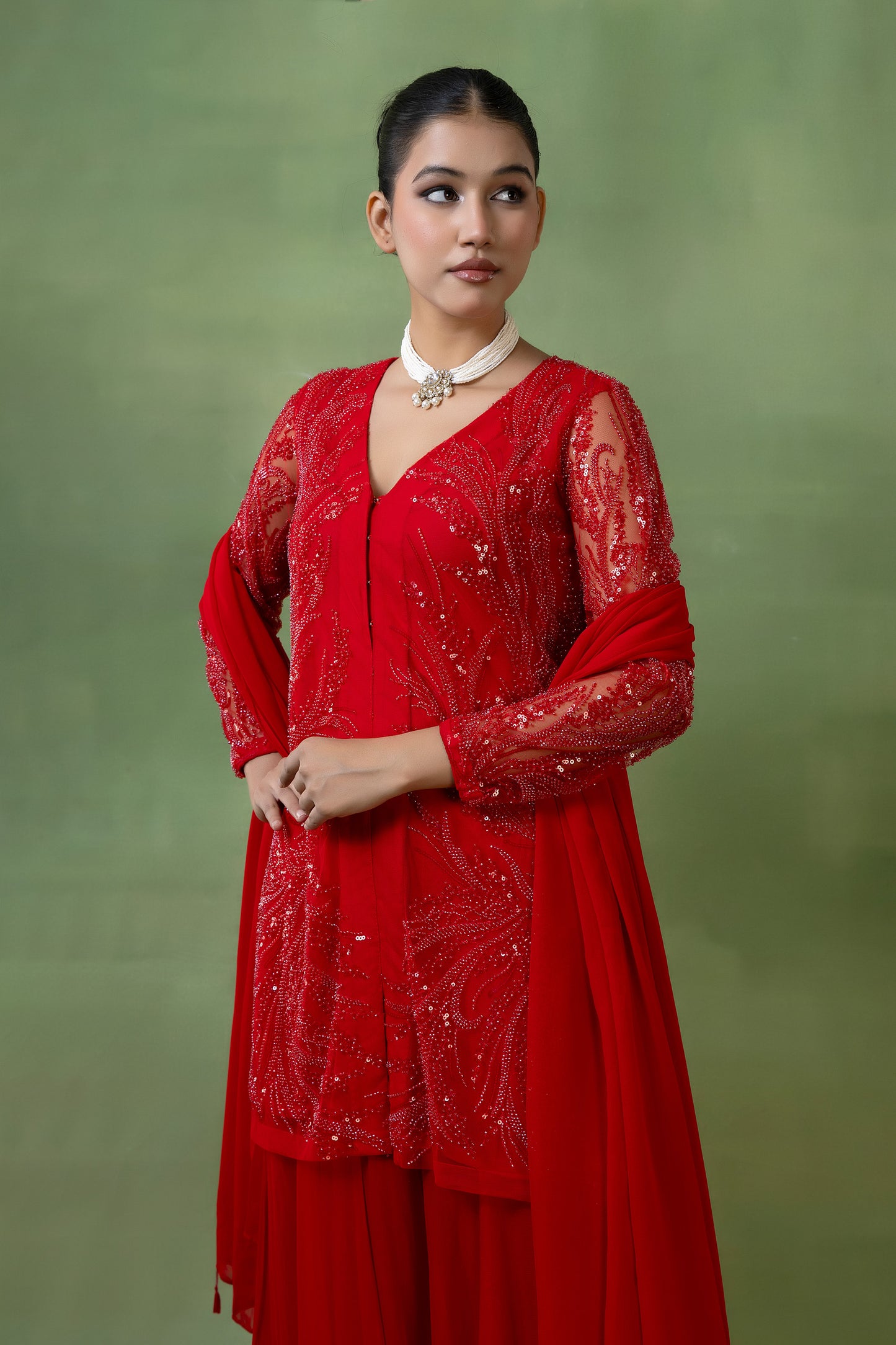 Red Georgette Hand-Embellished Sharara Set