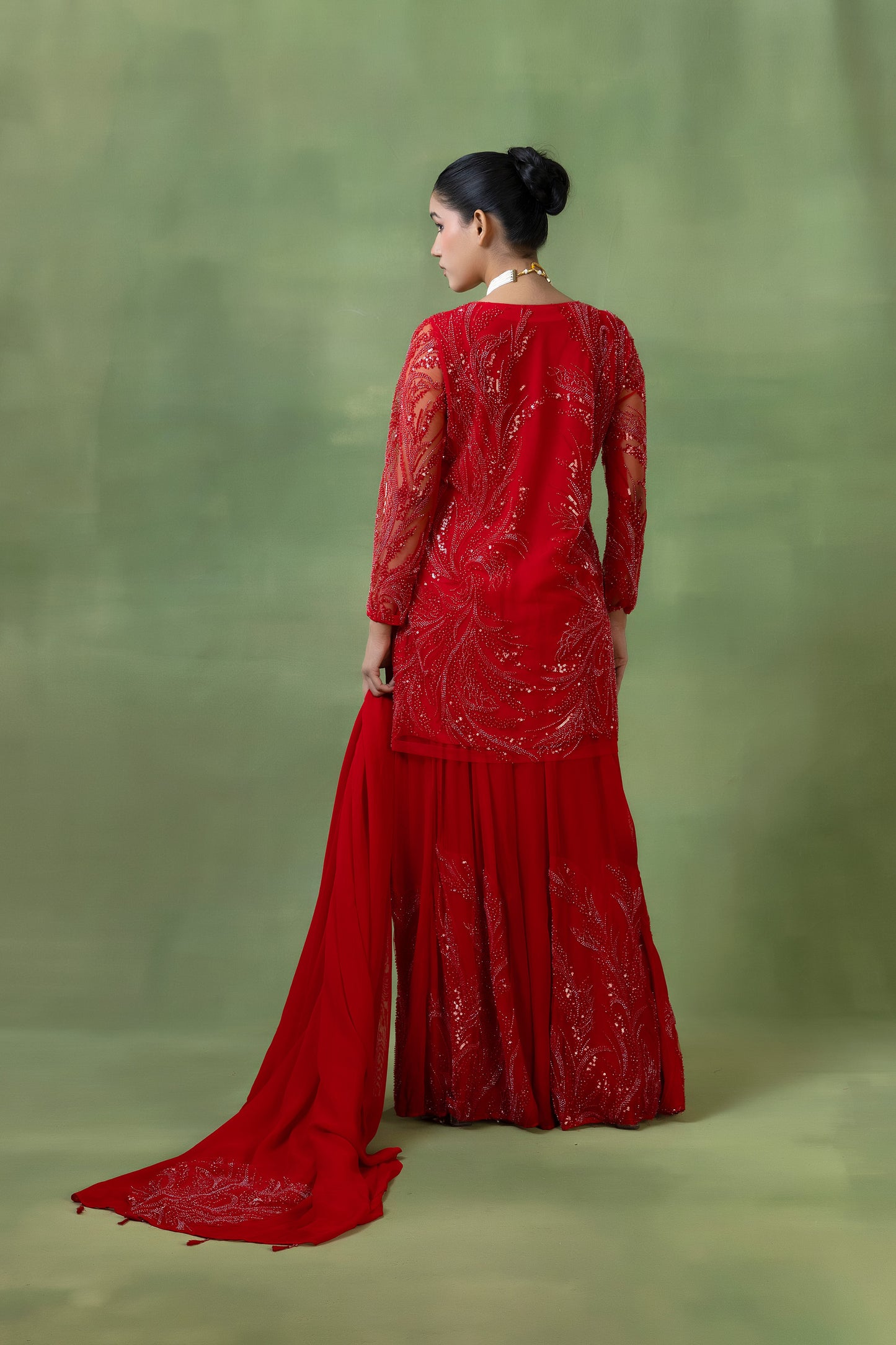 Red Georgette Hand-Embellished Sharara Set