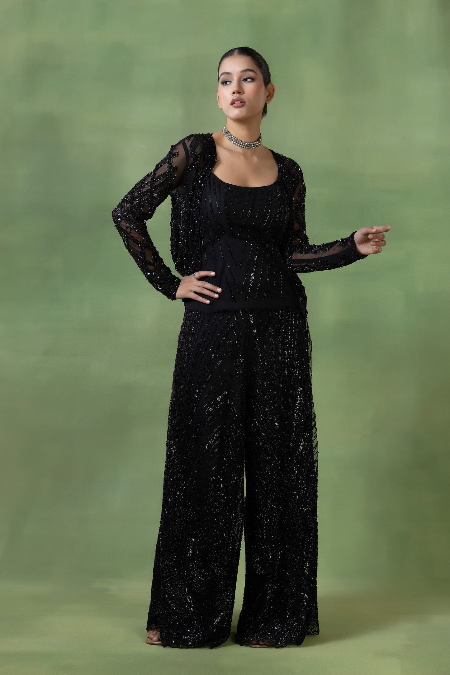 Black Net Embellished Co-ord Set