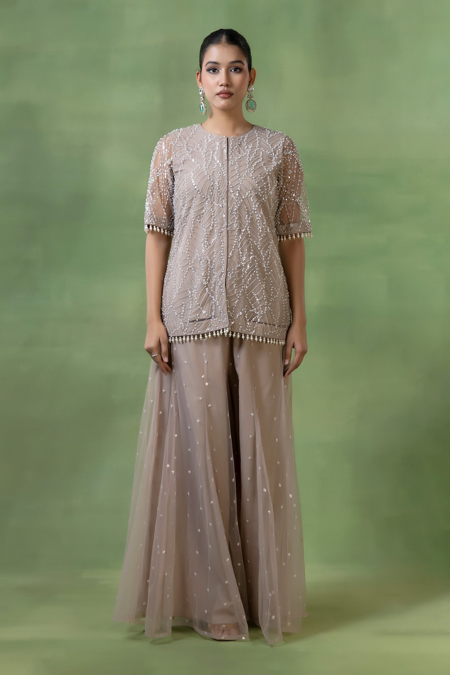 Beige Georgette & Net Embellished Sharara Set