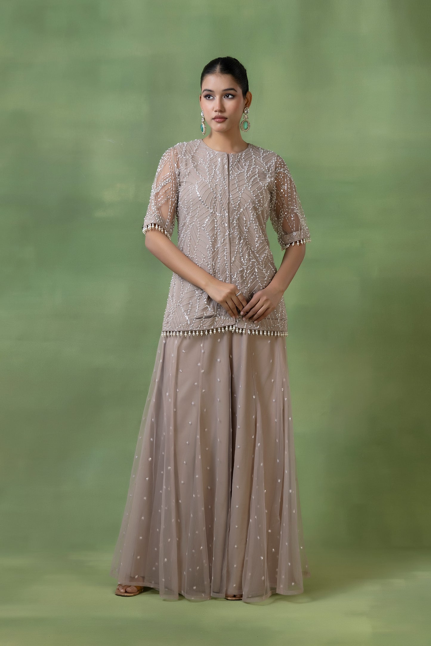 Beige Georgette & Net Embellished Sharara Set
