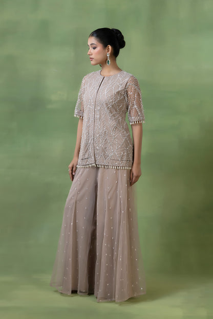 Beige Georgette & Net Embellished Sharara Set
