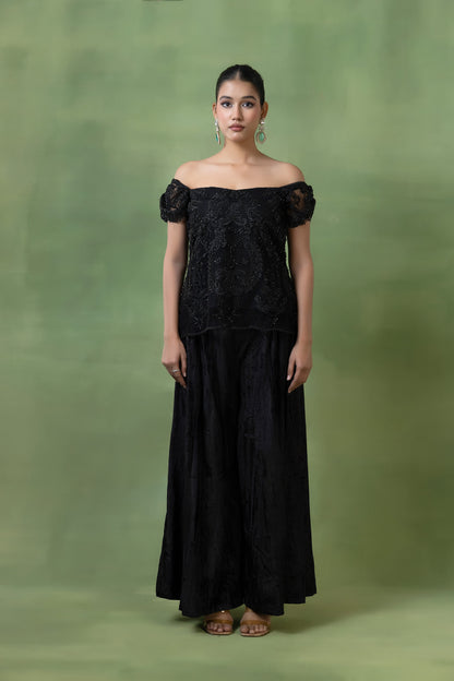 Embellished Top with Crinkle Velvet Skirt