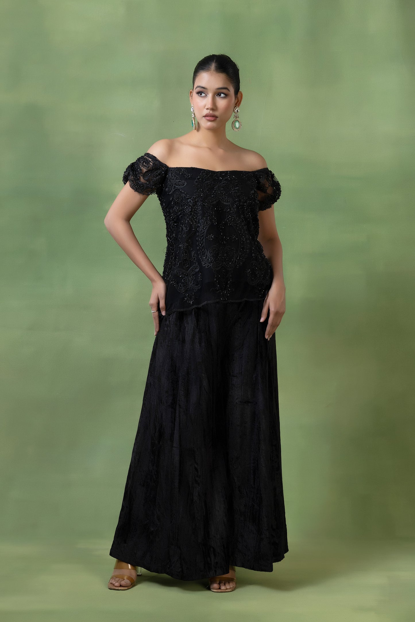 Embellished Top with Crinkle Velvet Skirt