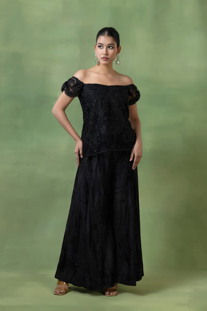 Embellished Top with Crinkle Velvet Skirt