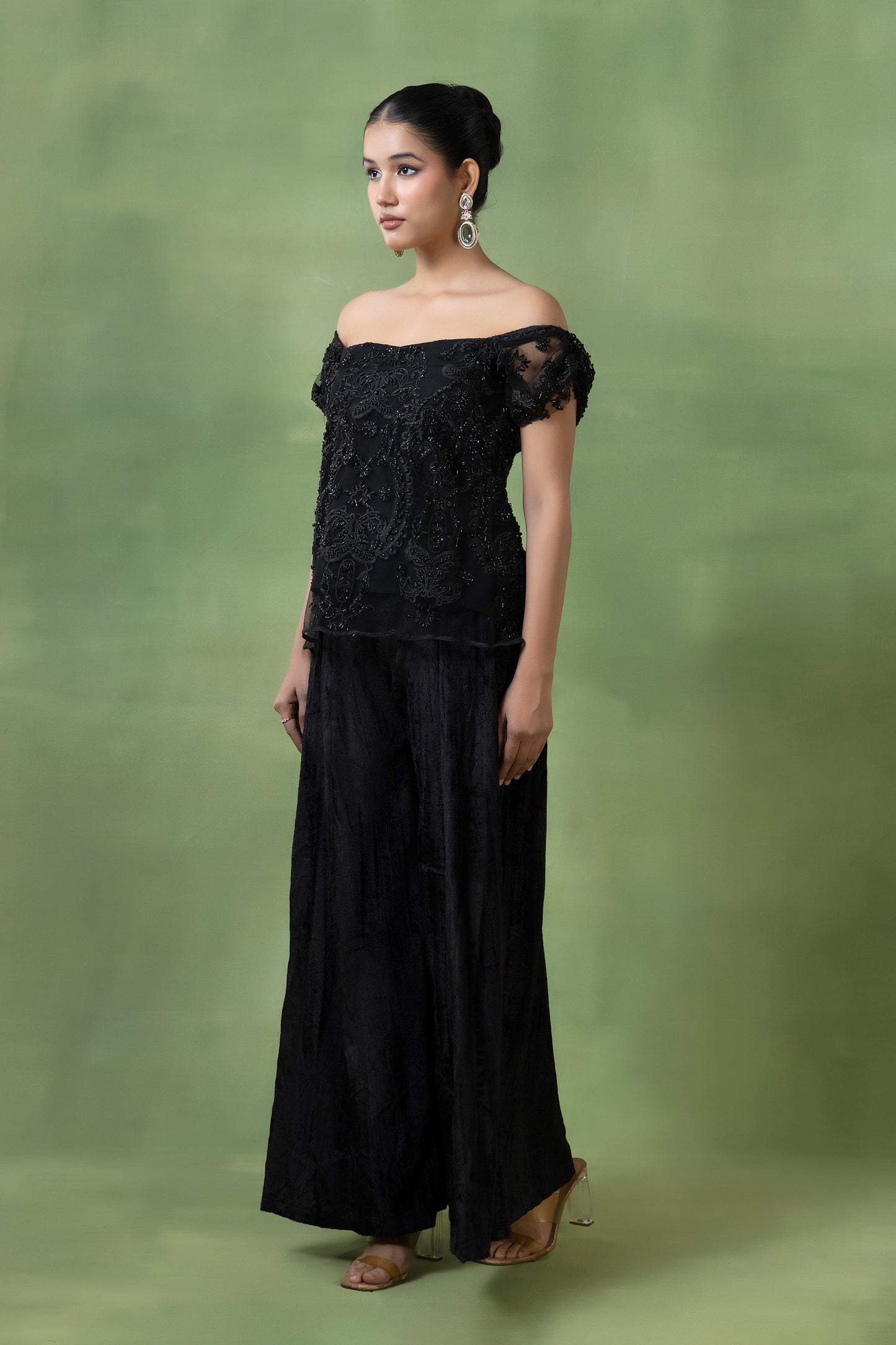 Embellished Top with Crinkle Velvet Skirt