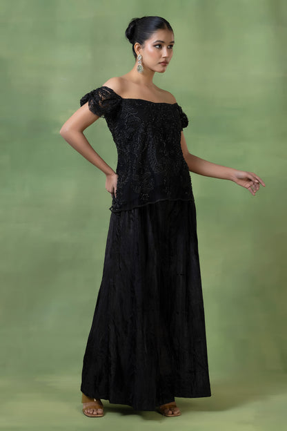 Embellished Top with Crinkle Velvet Skirt