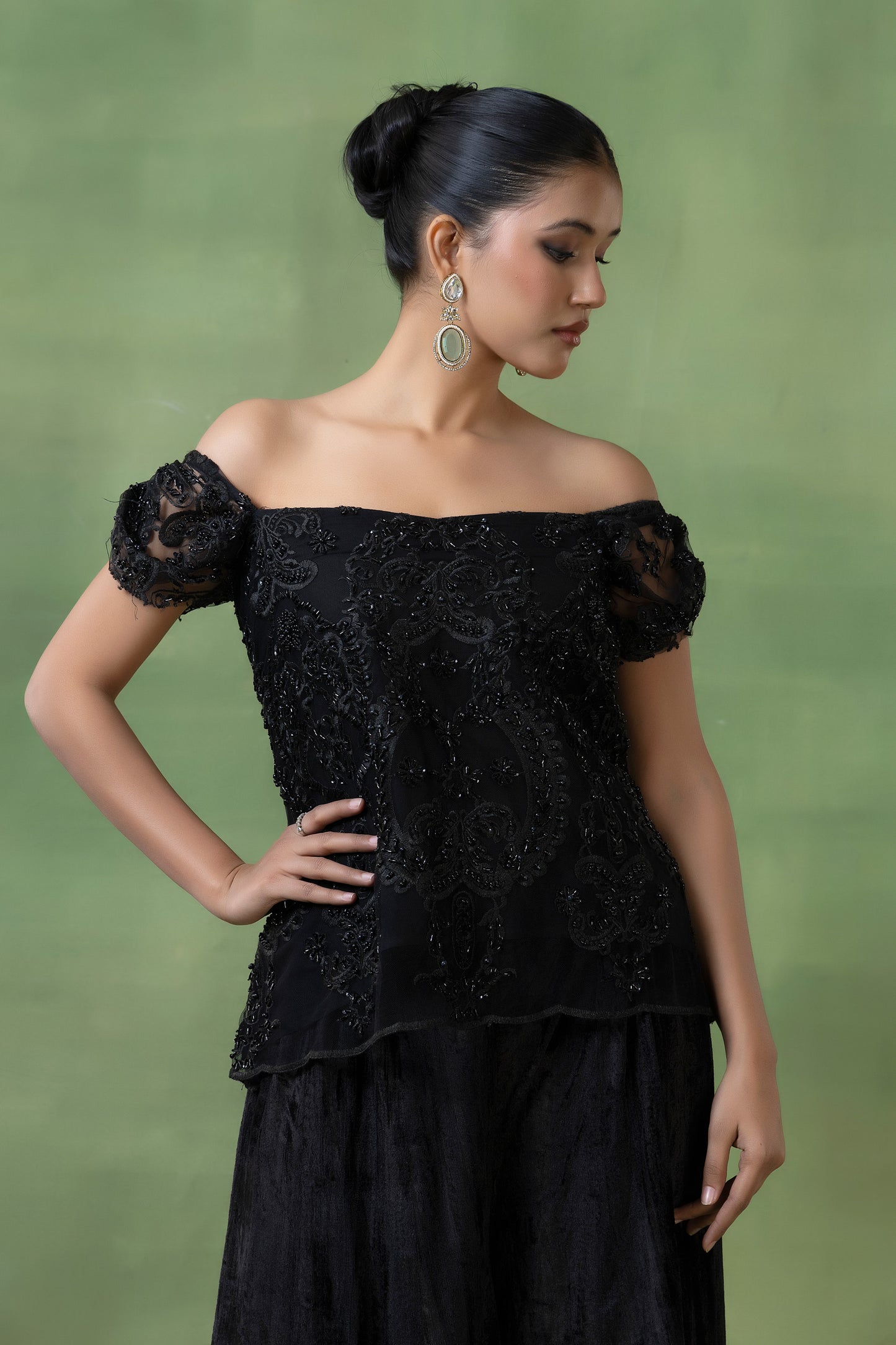 Embellished Top with Crinkle Velvet Skirt