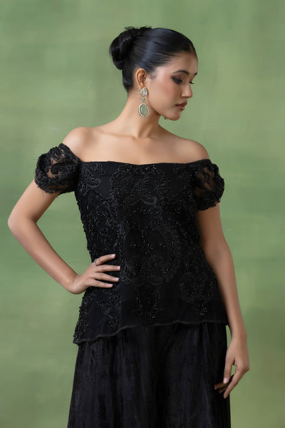 Embellished Top with Crinkle Velvet Skirt