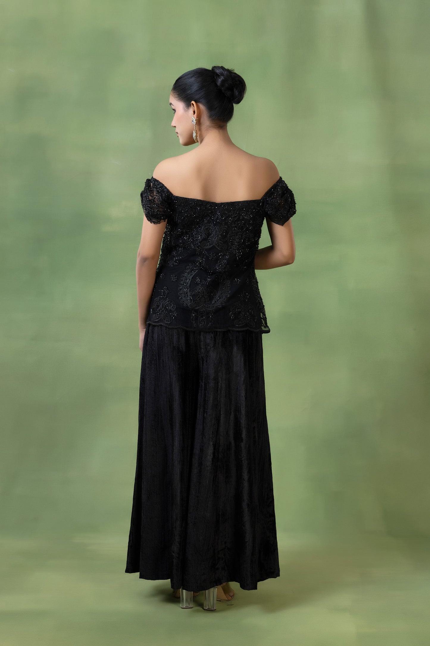 Embellished Top with Crinkle Velvet Skirt