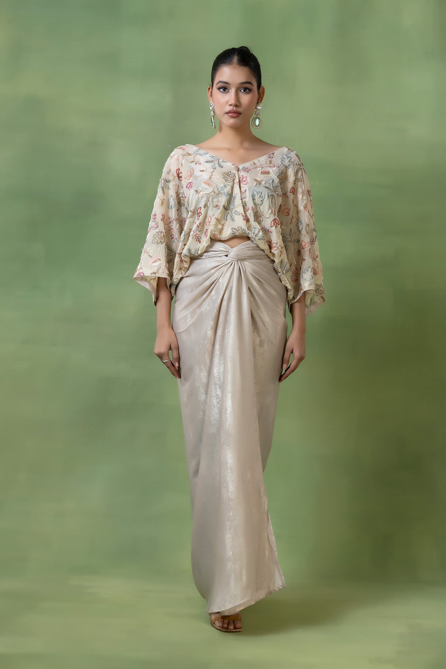 Off-White Embellished Tissue Top with Silk Skirt