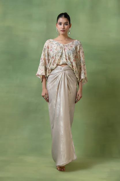 Off-White Embellished Tissue Top with Silk Skirt