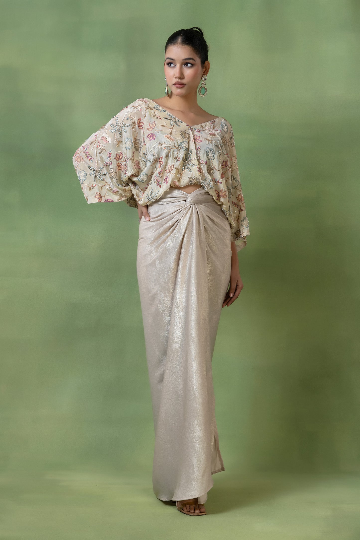 Off-White Embellished Tissue Top with Silk Skirt