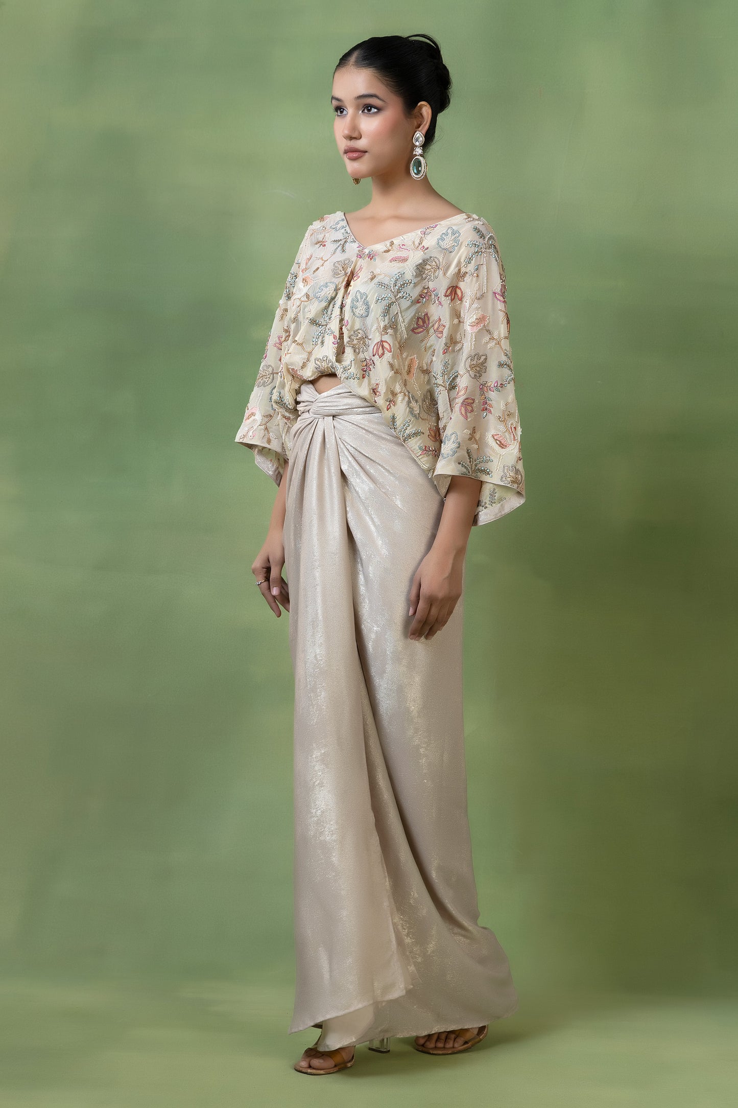 Off-White Embellished Tissue Top with Silk Skirt