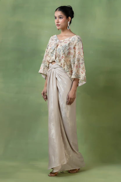 Off-White Embellished Tissue Top with Silk Skirt