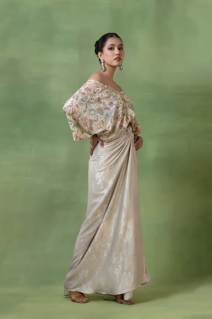 Off-White Embellished Tissue Top with Silk Skirt